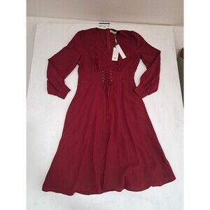 Womens Whimsigoth Red Dress Witchy Cinch Waist Long Sleeve V Neck Renaissance M